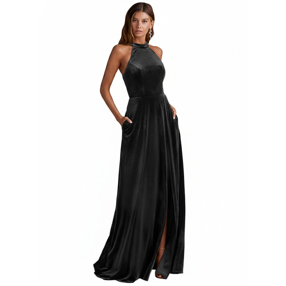 NWT Azazie‎ Larice A4 Black A-Line High Neck Velvet Dress with Pockets